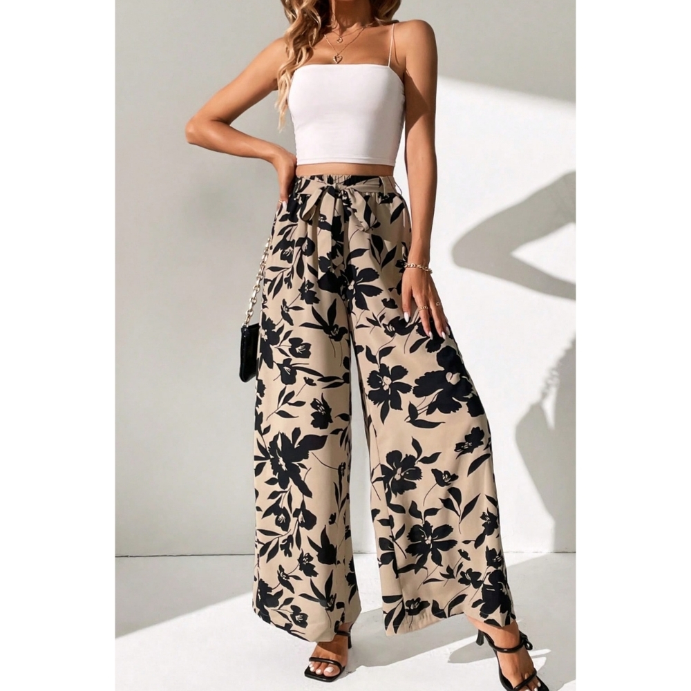 Tan Floral Wide Leg Pants - Picture 3 of 8
